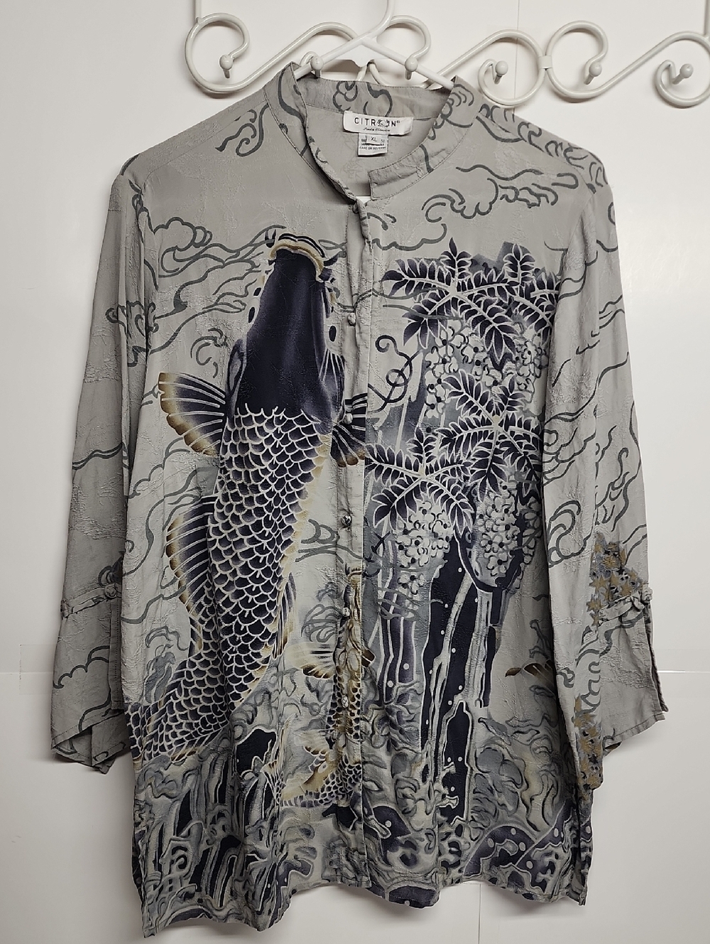 Citron Santa Monica 100% Silk XL Asian Style Button-down Mandarin Collar Blouse